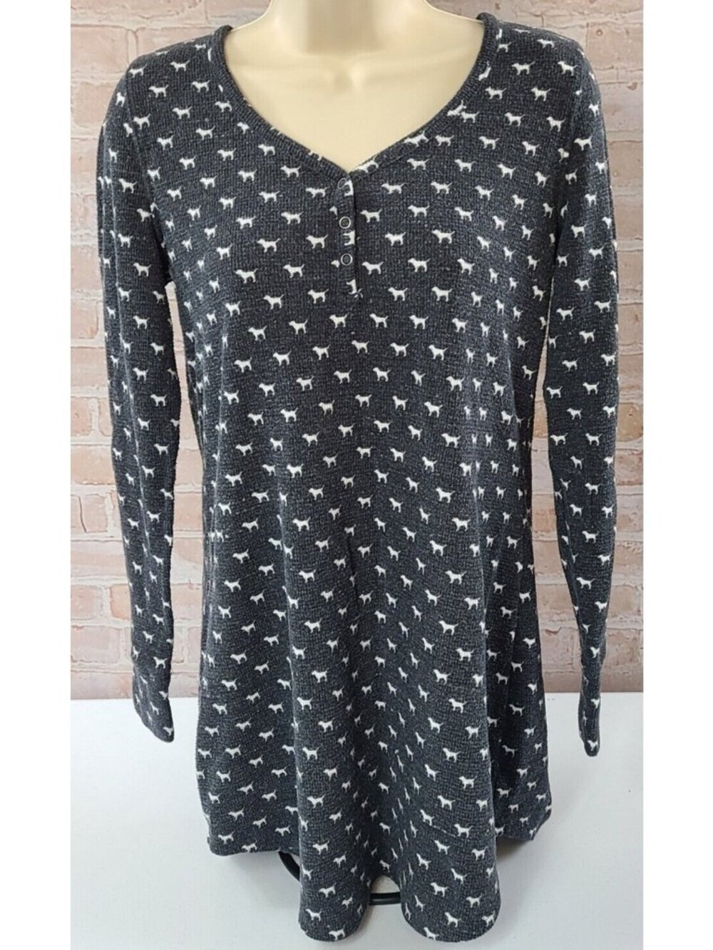 Pink Victoria's Secret All Over Dog Pattern Thermal Henley Sleep Shirt Women S